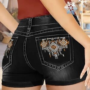 Embroidered Black Denim Shorts